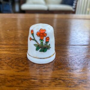 Vintage Porcelain Thimble Sewing Collectible with Orange Floral Design Gold Trim